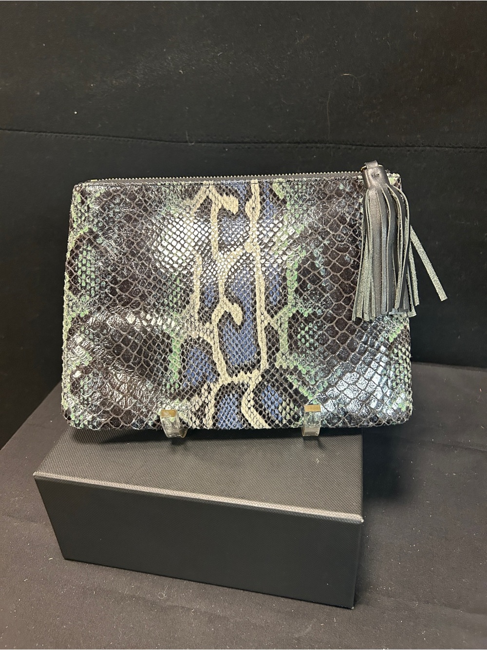 Snake-Embossed Multicolor Leather Clutch with Tassel